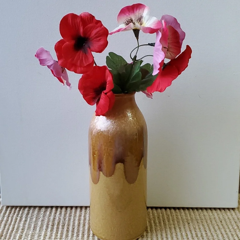 Tall Drip Glaze Crackle Ceramic Vase Yellow Brown